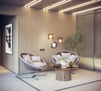 Modern Casual Sofa Set With Two Chairs Metal Frame Wooden Coffee Table And Green Plant 3d model