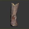 Brown Leather Cowboy Boots With Worn Out Details Aged Sole And Dark Background Reflection