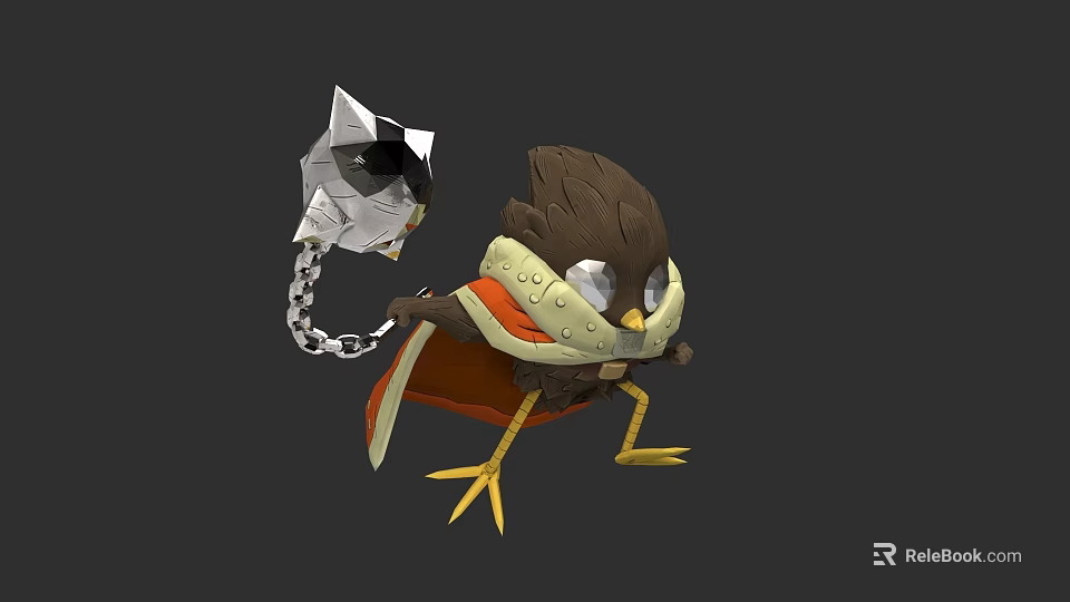 Cartoon Bird Game Movie Character With Brown Feathers Cape Yellow Legs And Mechanical Cat Chain 3d model 