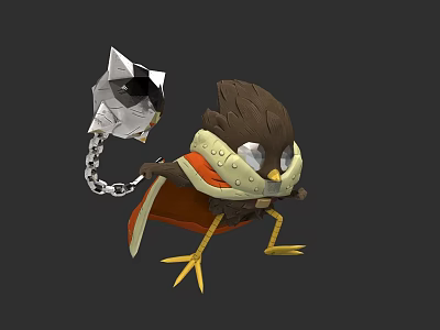 Cartoon Bird Game Movie Character With Brown Feathers Cape Yellow Legs And Mechanical Cat Chain 3d model