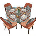 Dining Table Set With Four Orange Upholstered Chairs Tableware And Flower Vase 3d model