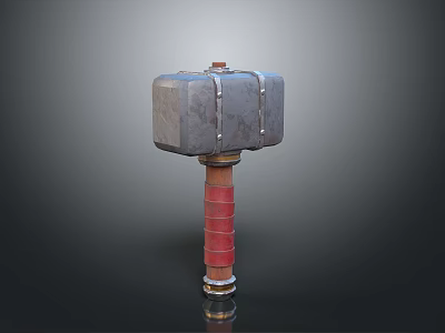 Industrial Metal Head Weapon Hammer With Red Wooden Handle And Bolted Design 3d model