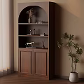 Wooden Bookshelf With Arched Top Shelves Cabinets And Potted Plant Decor