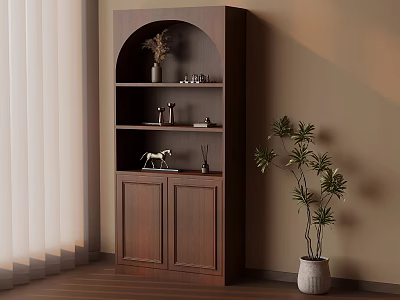 Wooden Bookshelf With Arched Top Shelves Cabinets And Potted Plant Decor 3d model