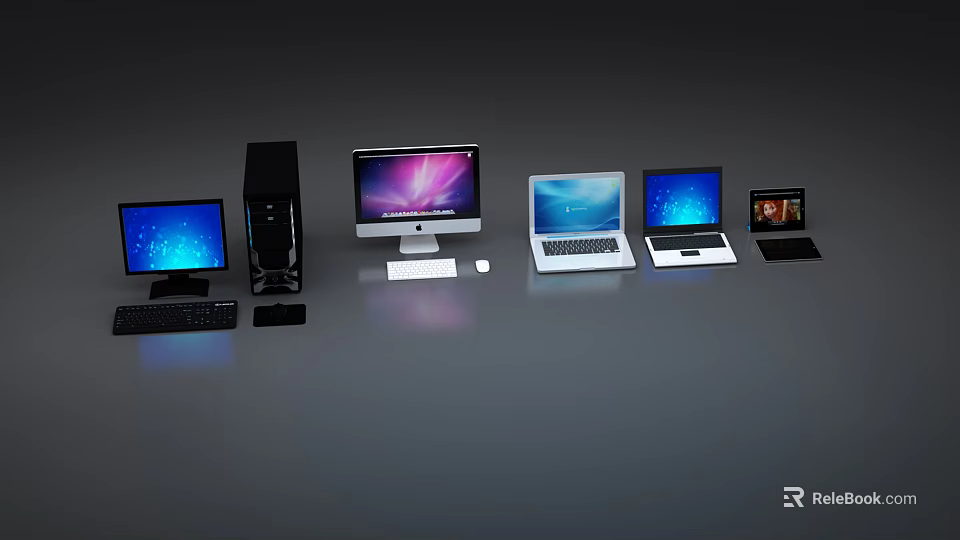Different Types of Computers Desktop All in One Laptop and Monitor Display on Gray Surface 3d model 