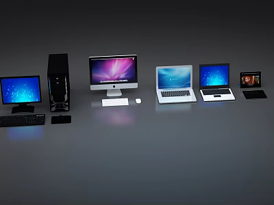 Different Types of Computers Desktop All in One Laptop and Monitor Display on Gray Surface 3d model