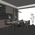 Modern Restaurant Open Kitchen Dining Space With Marble Table Pendant Lights And Chairs 3d model