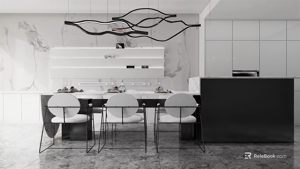 Modern Restaurant Interior With Dining Table Chairs Pendant Lights And Marble Wall 3d model