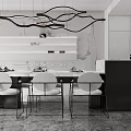 Modern Restaurant Interior With Dining Table Chairs Pendant Lights And Marble Wall 3d model