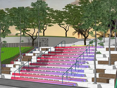 Garden Landscape Design with Colorful Steps Green Lawn Trees Metal Railings and White Structures 3d model