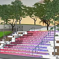 Garden Landscape Design with Colorful Steps Green Lawn Trees Metal Railings and White Structures