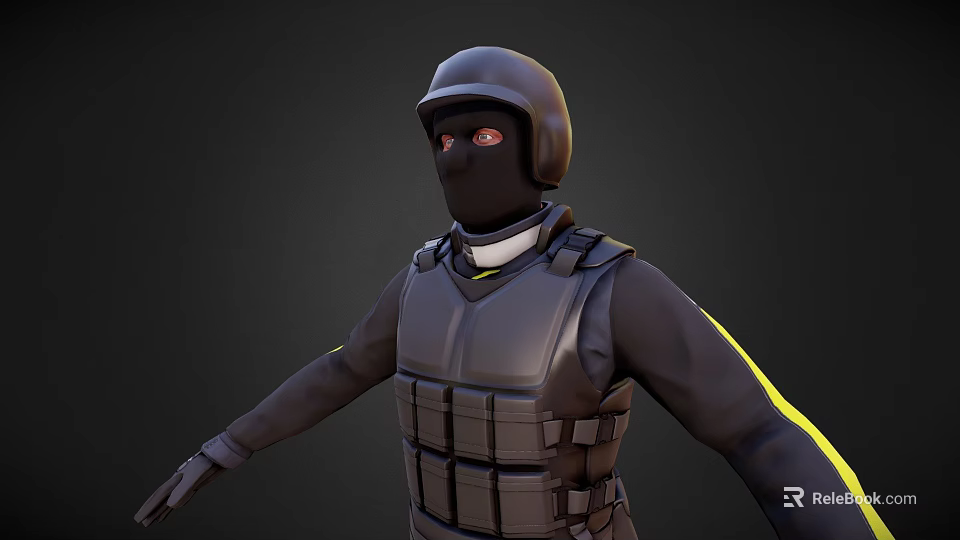 Man In Tactical Gear With Black Helmet Balaclava Red Eyes And Yellow Striped Arms 3d model 