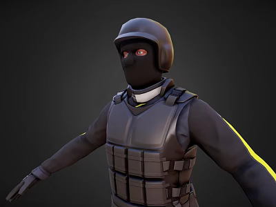 Man In Tactical Gear With Black Helmet Balaclava Red Eyes And Yellow Striped Arms 3d model