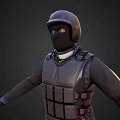 Man In Tactical Gear With Black Helmet Balaclava Red Eyes And Yellow Striped Arms