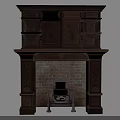Ornate Vintage Carved Wood Fireplace Featuring Brick Interior And Decorative Columns