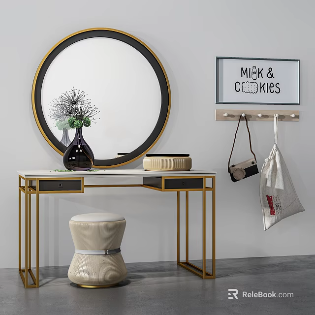 Modern Dressing Table With Circular Gold Frame Mirror White Countertop Vase And Stool 3d model