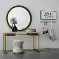 Modern Dressing Table With Circular Gold Frame Mirror White Countertop Vase And Stool 3d model