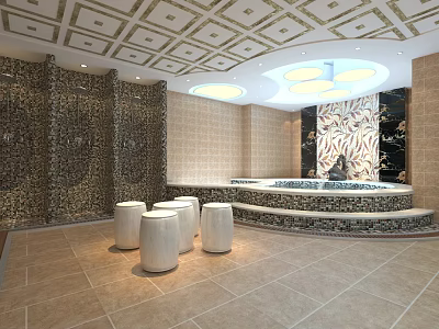 Luxury Club Interior Featuring Ornate Ceiling Design Marble Walls And Round White Seats 3d model