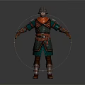Brave Medieval Warrior Character In Green Red Armor Standing With Loyal Battle Creature