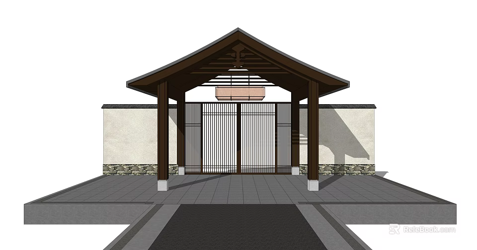 Traditional Chinese Style Entrance Gate With Gabled Roof Wooden Structure And Latticed Door 3d model 
