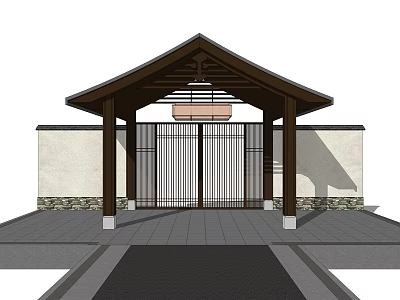 Traditional Chinese Style Entrance Gate With Gabled Roof Wooden Structure And Latticed Door 3d model