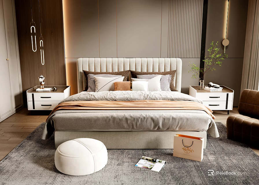 Modern Tufted Double Bed In Luxury Bedroom With Nightstands And Rug 3d model 