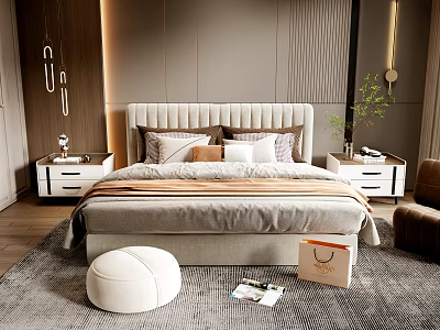 Modern Tufted Double Bed In Luxury Bedroom With Nightstands And Rug 3d model