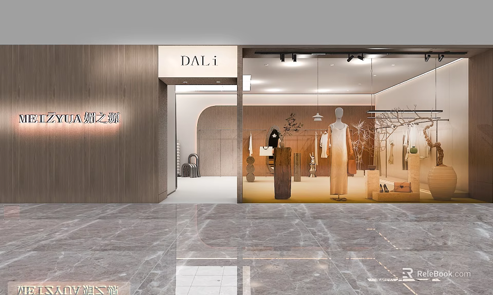 Modern Clothing Store Interior Design With Window Display Mannequins And Wooden Facade 3d model 