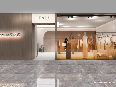 Modern Clothing Store Interior Design With Window Display Mannequins And Wooden Facade 3d model