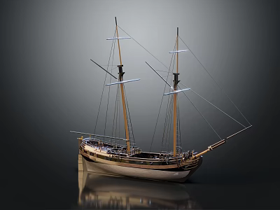Cartoon Sailing Ship with Masts Ropes and White Brown Hull on Dark Background 3d model