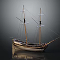 Cartoon Sailing Ship with Masts Ropes and White Brown Hull on Dark Background