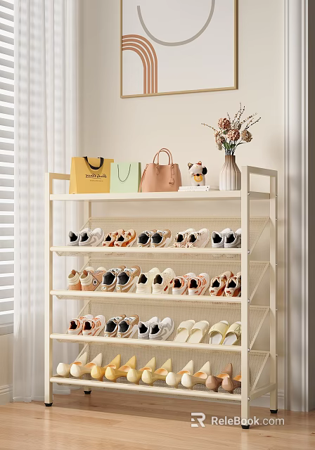 Living Room Featuring White Multi Shelved Shoe Rack With Handbags Decor Flower Vase And Neatly Arranged Shoes 3d model 