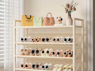 Living Room Featuring White Multi Shelved Shoe Rack With Handbags Decor Flower Vase And Neatly Arranged Shoes 3d model