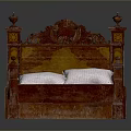 Classic Wooden Bed With Carved Headboard Column Design Brown Quilt Red Blanket And White Pillows