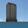Modern High rise Residential Building With Glass Windows And Waterfront View Under Blue Sky