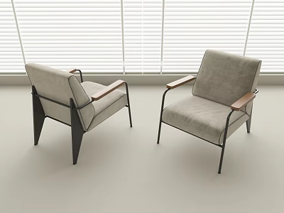 Two Light Gray Leisure Chairs With Wooden Armrests Black Metal Frame And White Blinds Background 3d model