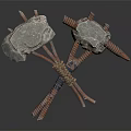 Medieval Crossed Stone Headed Weapons With Wooden Handles And Rope Bindings