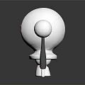 White Robot Figure With Black Center Red Dots Fork Like Arms And Red Fingers