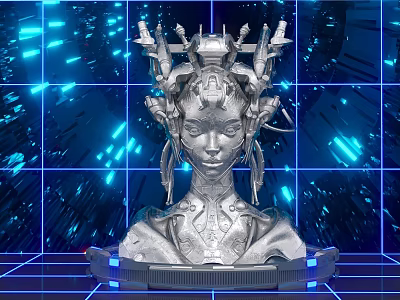 Futuristic Tech Photo Spot With Silver Mechanical Head Blue Grid Background And Glowing Lines 3d model