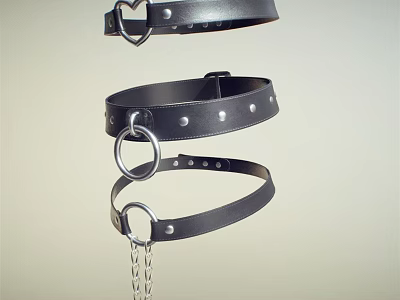 Black Leather Jewelry Collar With Metal Rings Chain And Studs Design 3d model