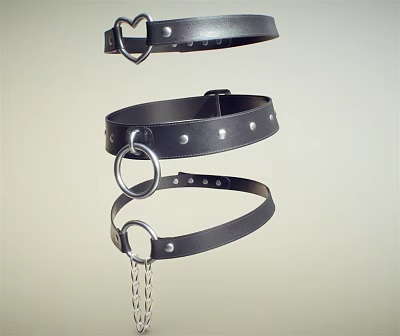 Black Leather Jewelry Collar With Metal Rings Chain And Studs Design 3d model