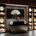 Elegant Interior Display of Traditional Fans and Plates on Wooden Shelves