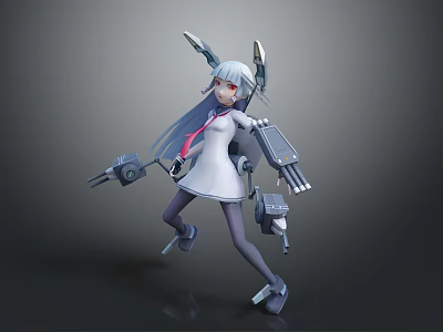 Game Movie Character With Silver Hair Red Eyes White Dress Pink Tie And Mechanical Devices 3d model