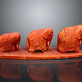 Three Red Hand Carved Elephant Sculptures With Intricate Patterns On Base 3d model