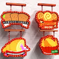 Public Facilities With Red Hanging Signs Displaying Fresh Bread Cookies Croissant And Muffin