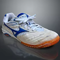 White Athletic Shoes With Blue Logo Orange Sole White Laces And Mesh Upper Design
