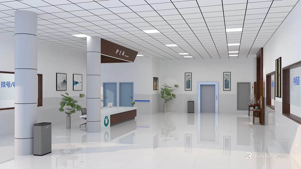 Modern Medical Hall Interior With Reception Desk Potted Plants And Decorative Paintings 3d model 