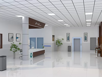 Modern Medical Hall Interior With Reception Desk Potted Plants And Decorative Paintings 3d model