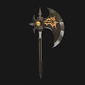 Ornate Battle Axe Weapon With Flame Pattern Circular Symbol And Long Handle