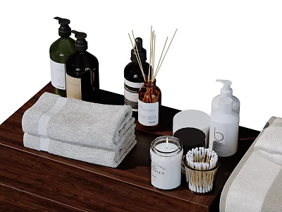 Bathroom Ensemble With Wooden Tray Stacked Towels Toiletries Reed Diffuser And Candle 3d model